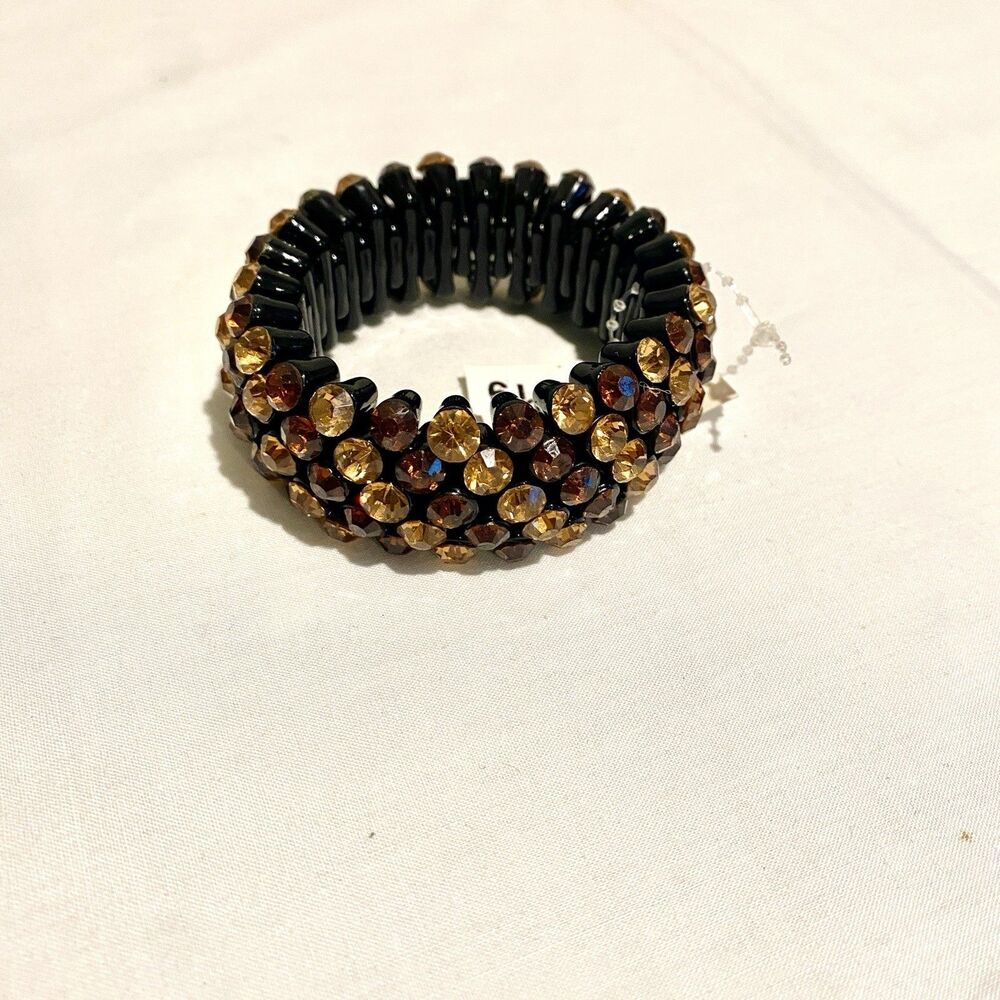Stretchy Thick Bangle Bracelet Rhinestones Brown Tones Party Gift